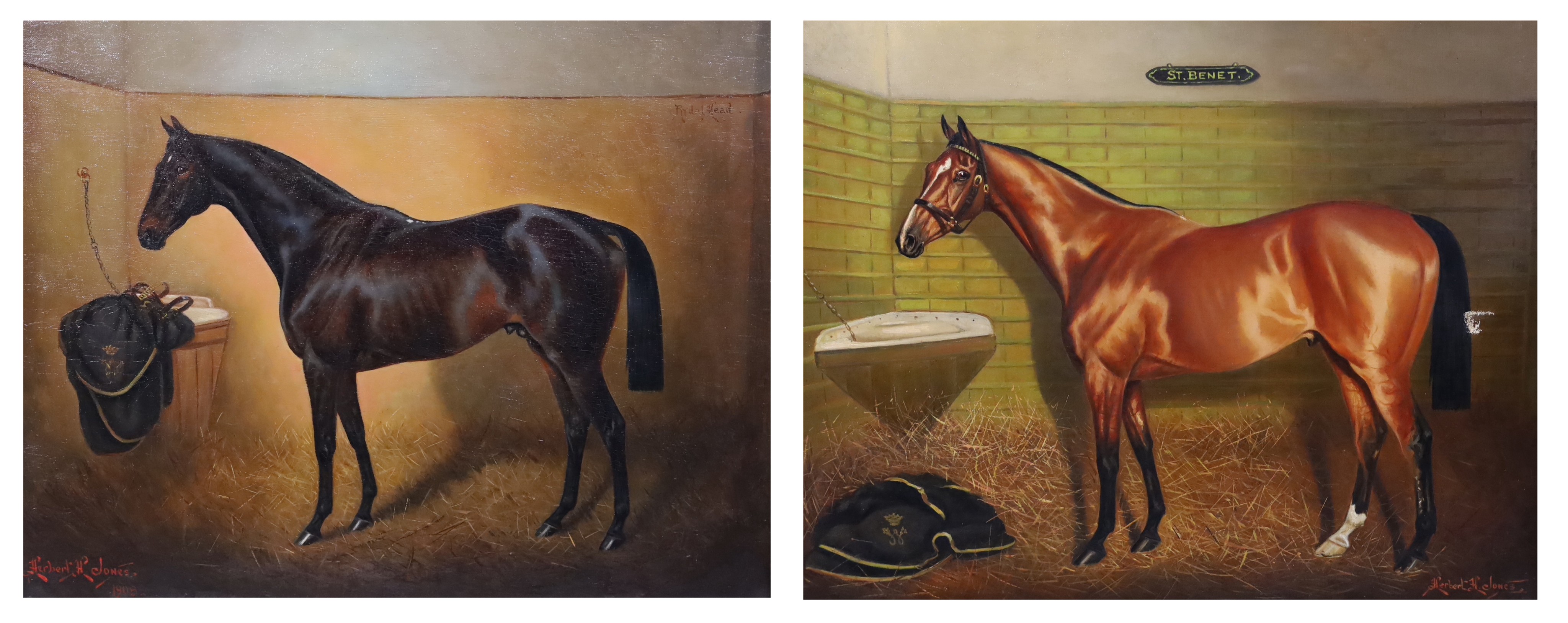 Herbert St. John Jones (fl.1905-1923), Horse portraits of St Benet and Rydal Head, painted from life, pair of oils on canvas, 41 x 51cm